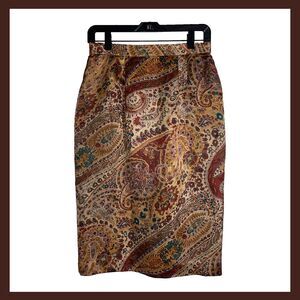 Chic Vintage Silk Paisley Pencil Skirt Earth Tones 100% Silk Lined Size 8